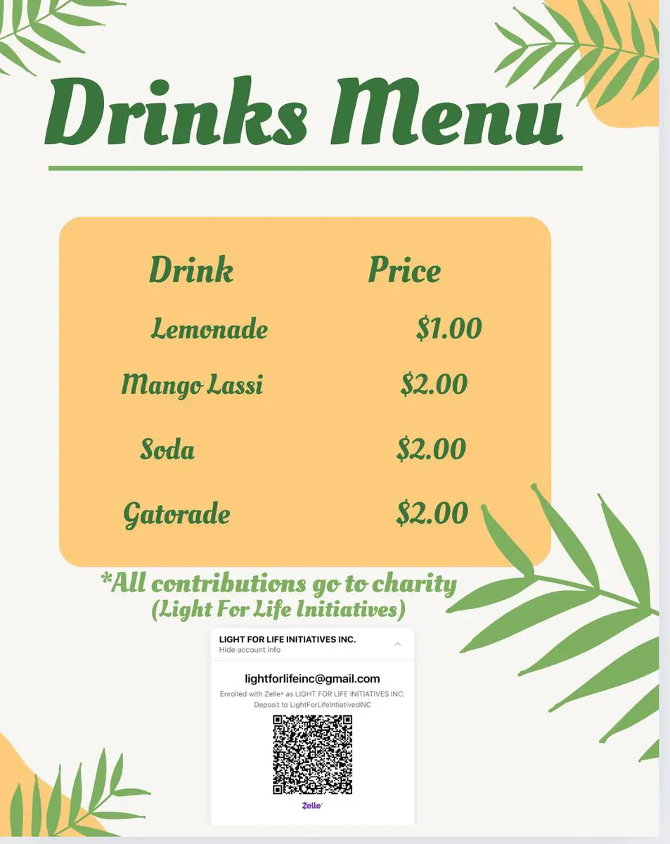 A printed drinks menu: lemonade one dollar, mango lassi two dollars, with a note that all contributions go to charity